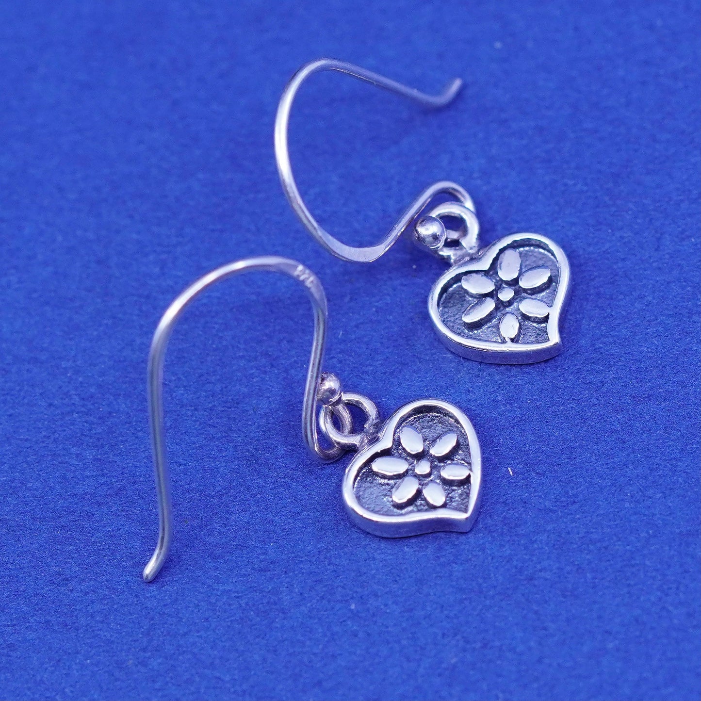 Vintage Sterling silver handmade earrings, 925 heart with flower pattern relief