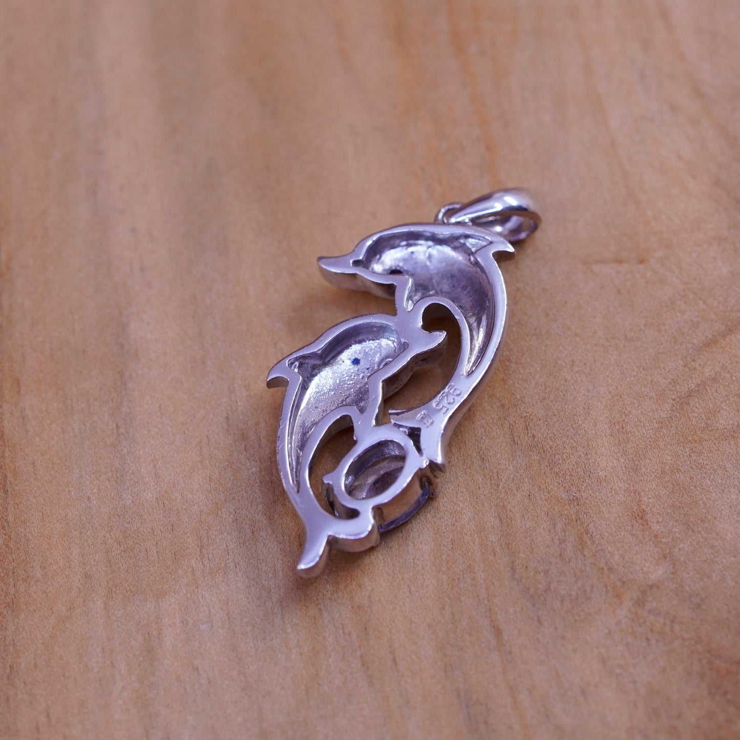 Vintage 925 Sterling silver handmade dolphins pendant with topaz