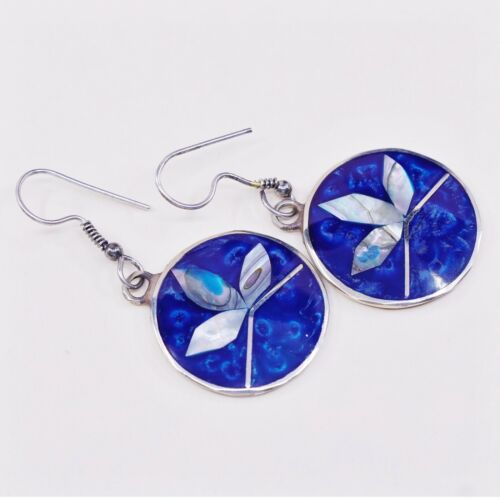 Vtg Mexico Alpaca Silver Handmade Earrings, Round Enamel Disc W/ Mop Flower
