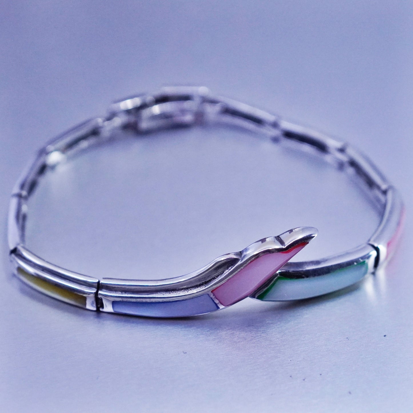 6.75”, Sterling 925 silver tennis bracelet chain with pink blue mother of pearl