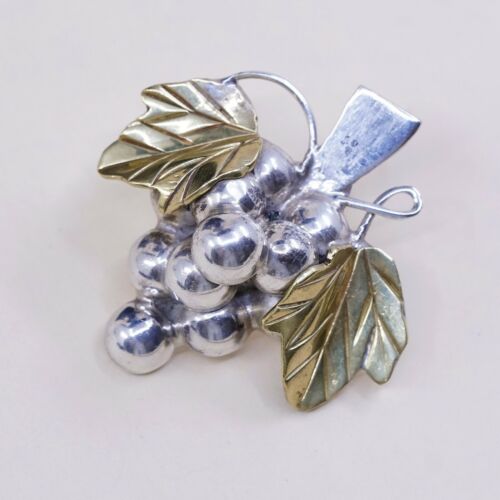 Two Tone Sterling Silver Handmade Grapes Earrings, Mexico 925 Studs W/ Leaf Vine