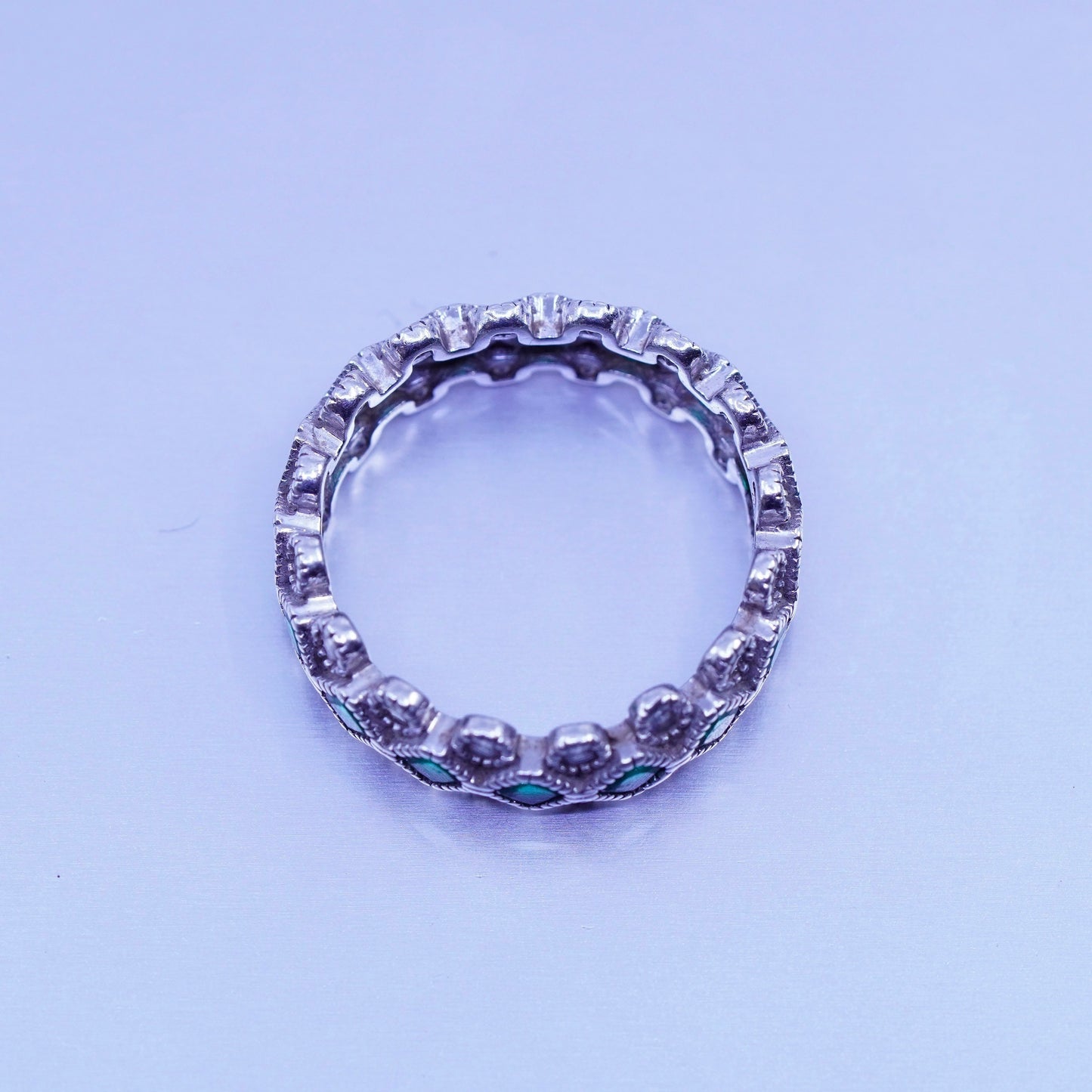 Size 10, vintage Sterling 925 silver handmade band ring with cluster green Cz