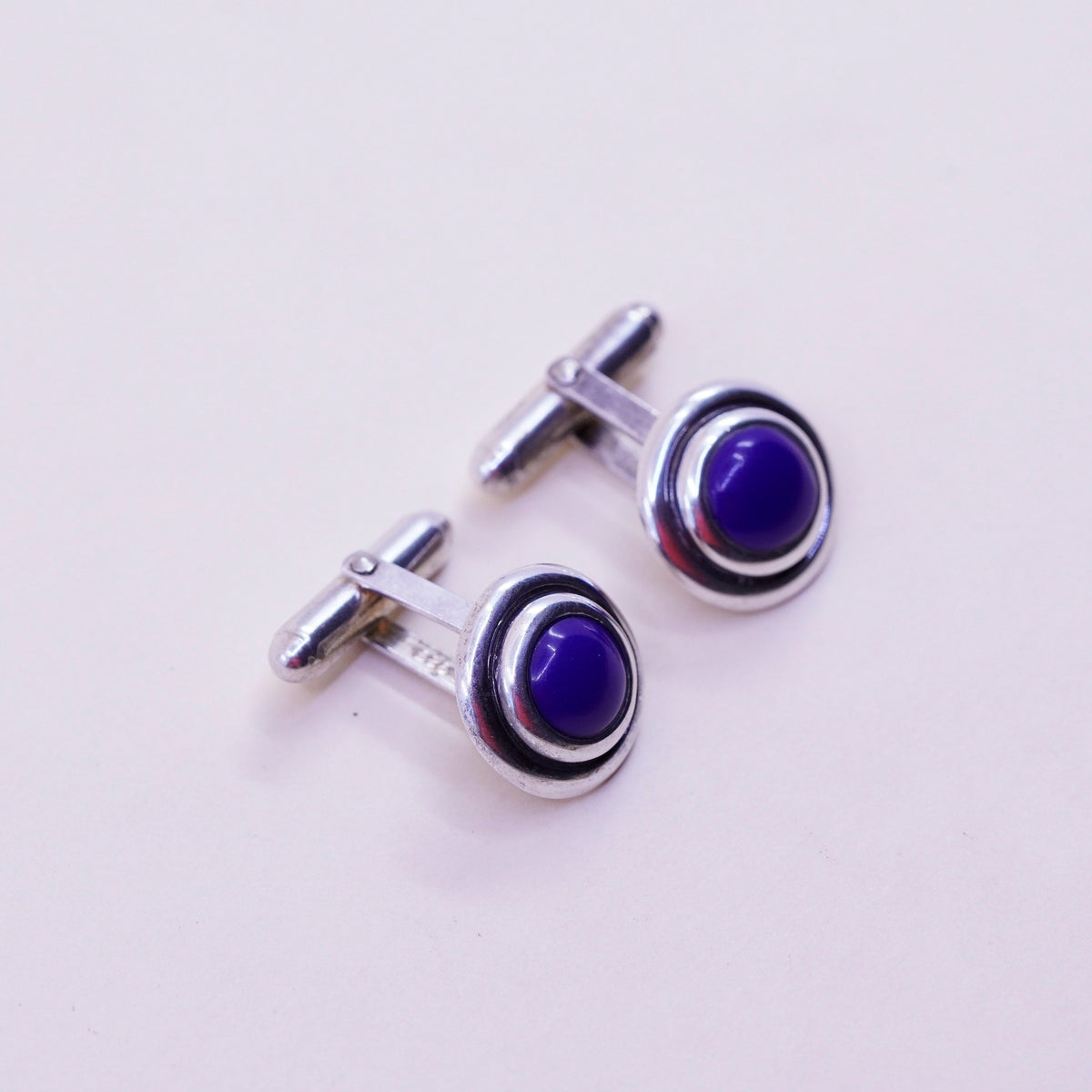 Vintage sterling silver handmade cuff link, 925 square cufflink with blue onyx