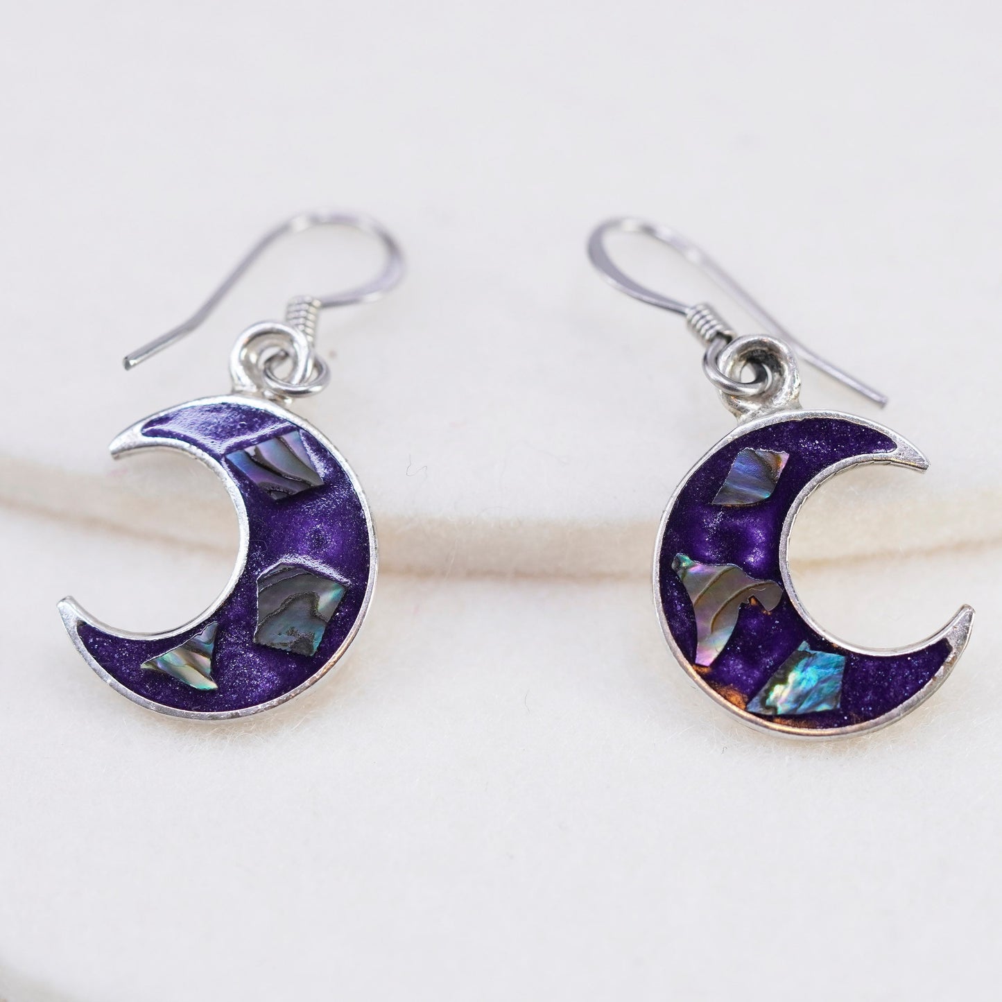 Vintage Sterling 925 silver handmade moon earrings with enamel inlay