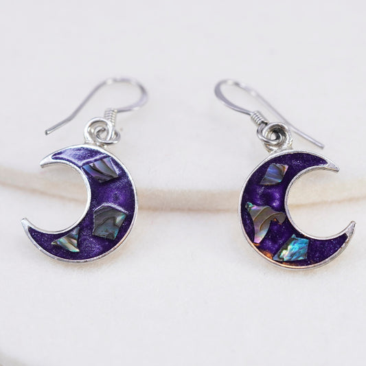 Vintage Sterling 925 silver handmade moon earrings with enamel inlay