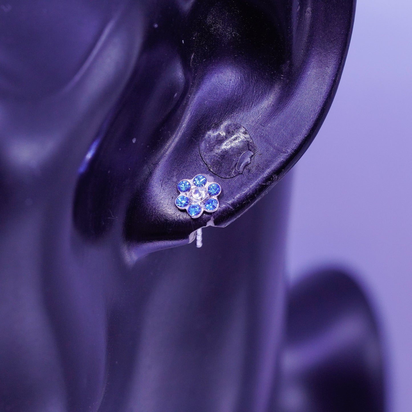 Vintage Sterling 925 silver earrings, flower studs with blue cz inlay