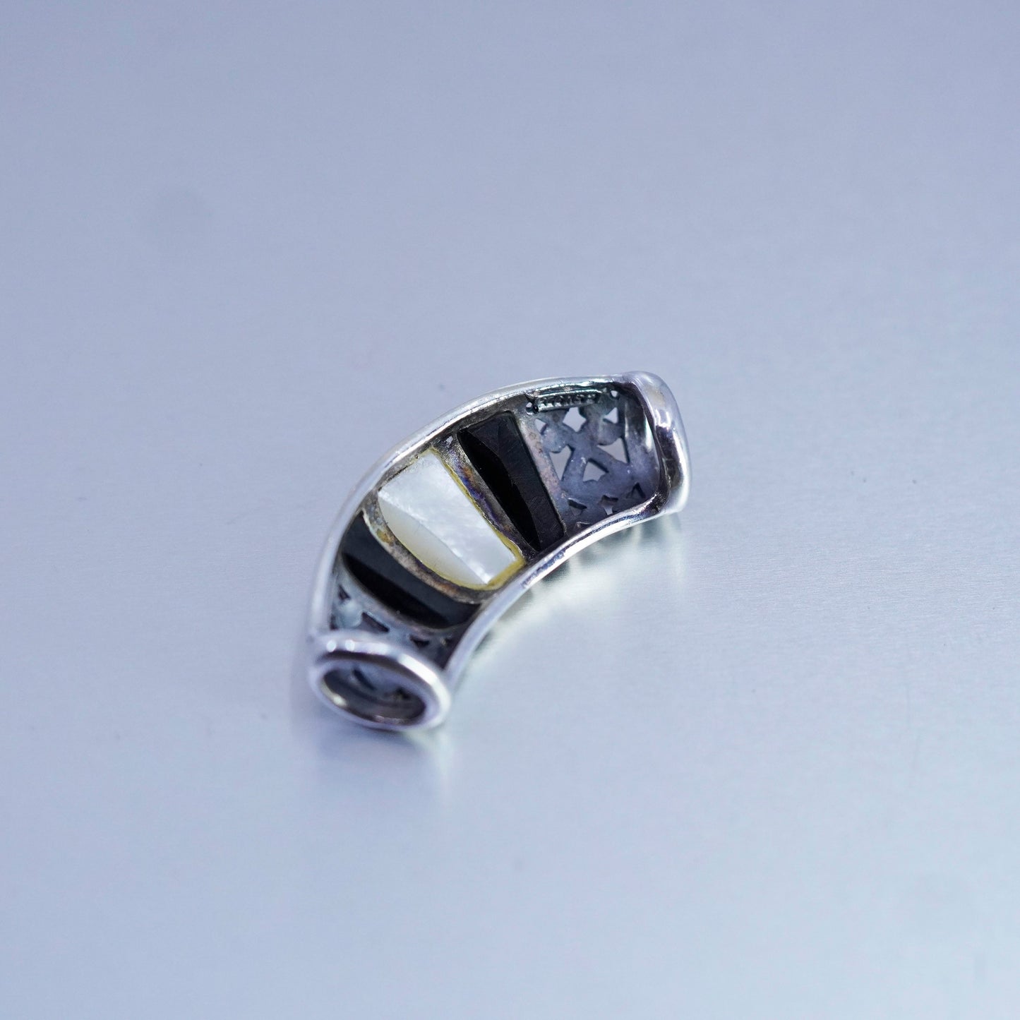 Vintage sterling 925 silver handmade Bali slide pendant w/ mother of pearl onyx