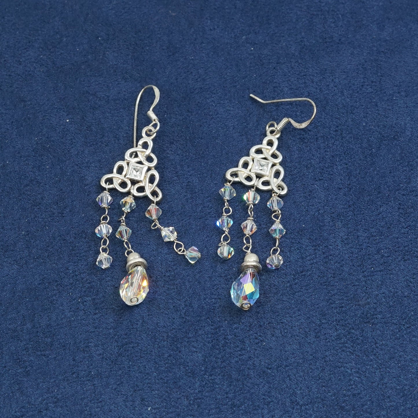 vtg Sterling silver handmade cluster earrings, 925 filigree dangles w/ crystal