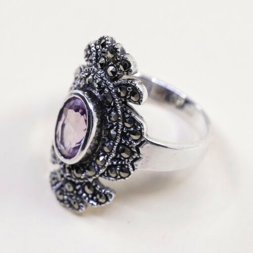 Sz 8, Sterling Silver handmade Ring, 925 Silver W/ amethyst n marcasite
