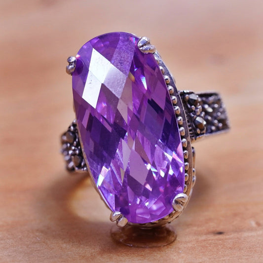 Size 6, vintage Sterling 925 silver handmade ring with amethyst marcasite beads