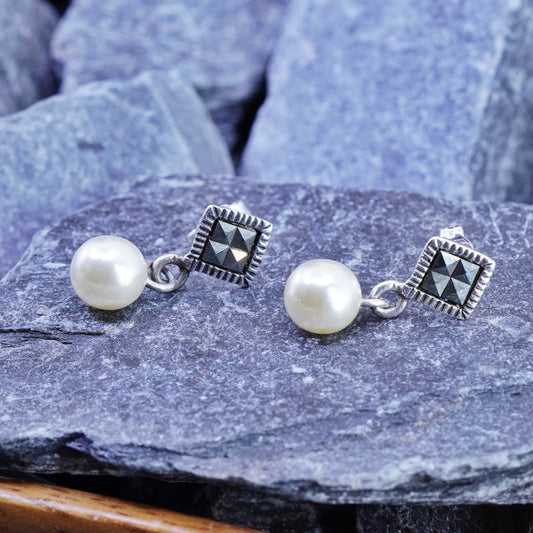 Vintage Sterling 925 Silver handmade Earrings with pearl and marcasite