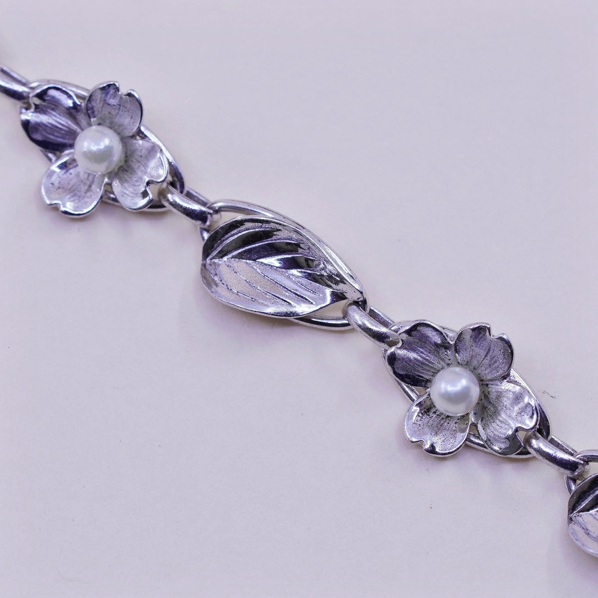 7”, sterling silver bracelet, 925 flower leaves chain pearl, handmade jewelry