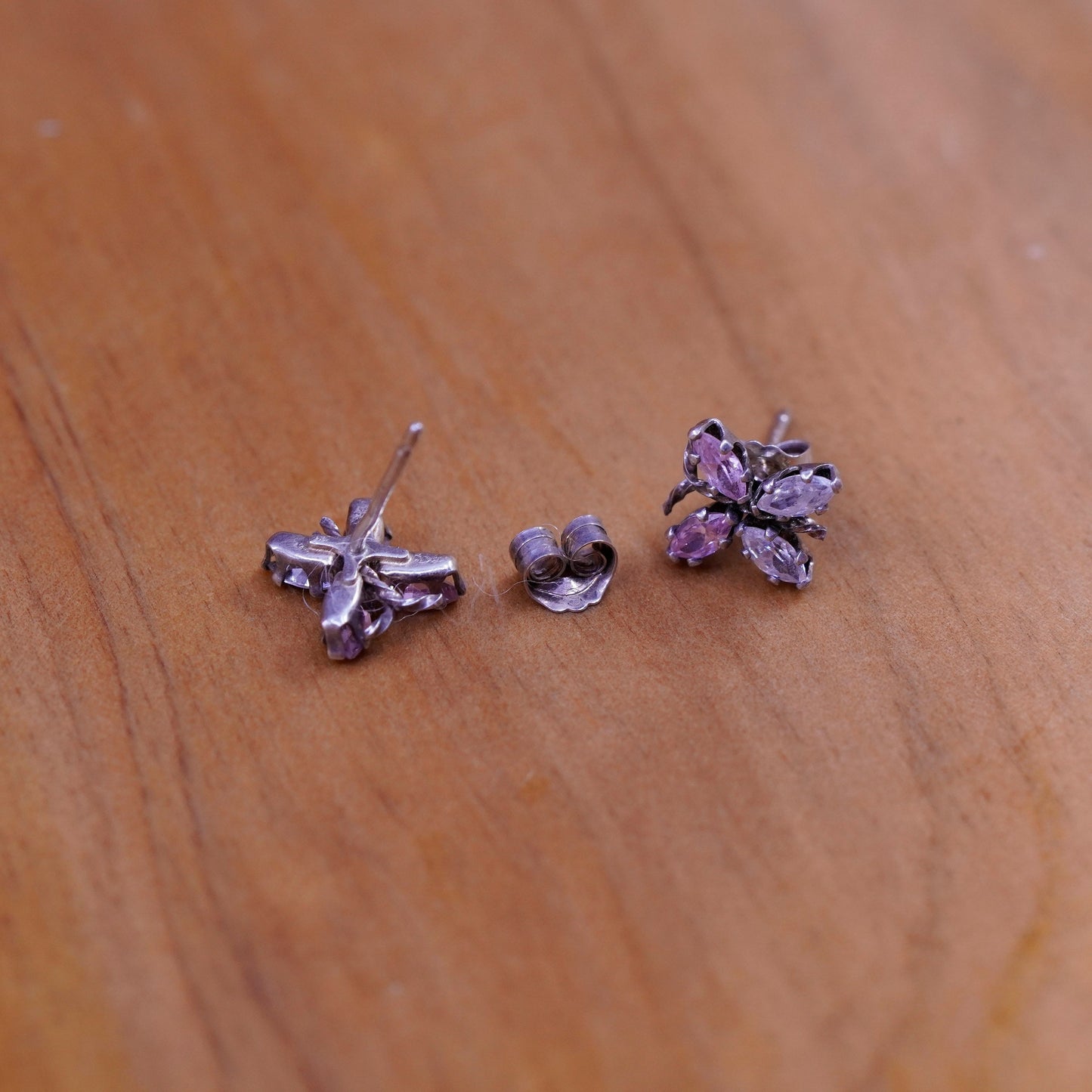 Vintage Sterling 925 silver handmade earrings, butterfly studs with cz
