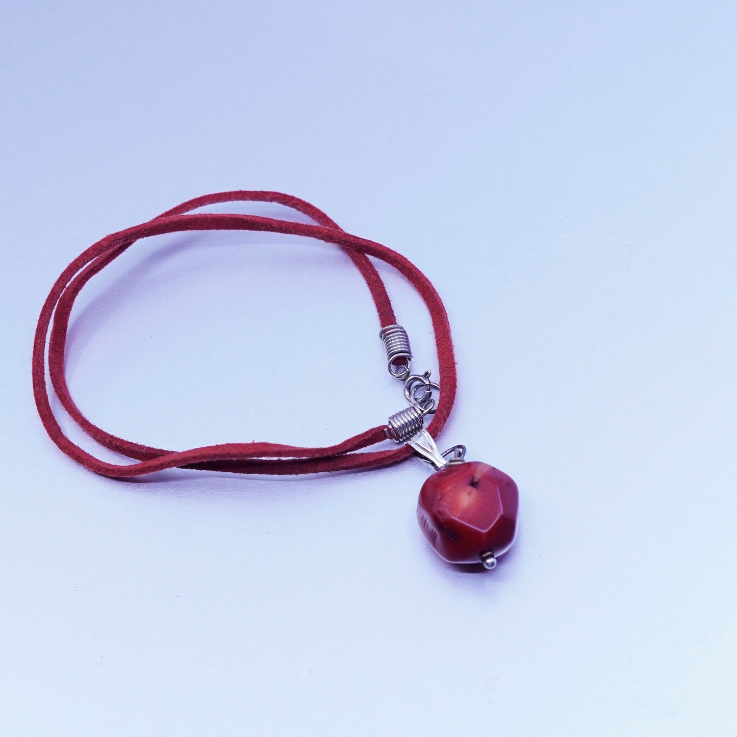 17”, Native American 925 Sterling Silver leather Necklace coral nugget pendant
