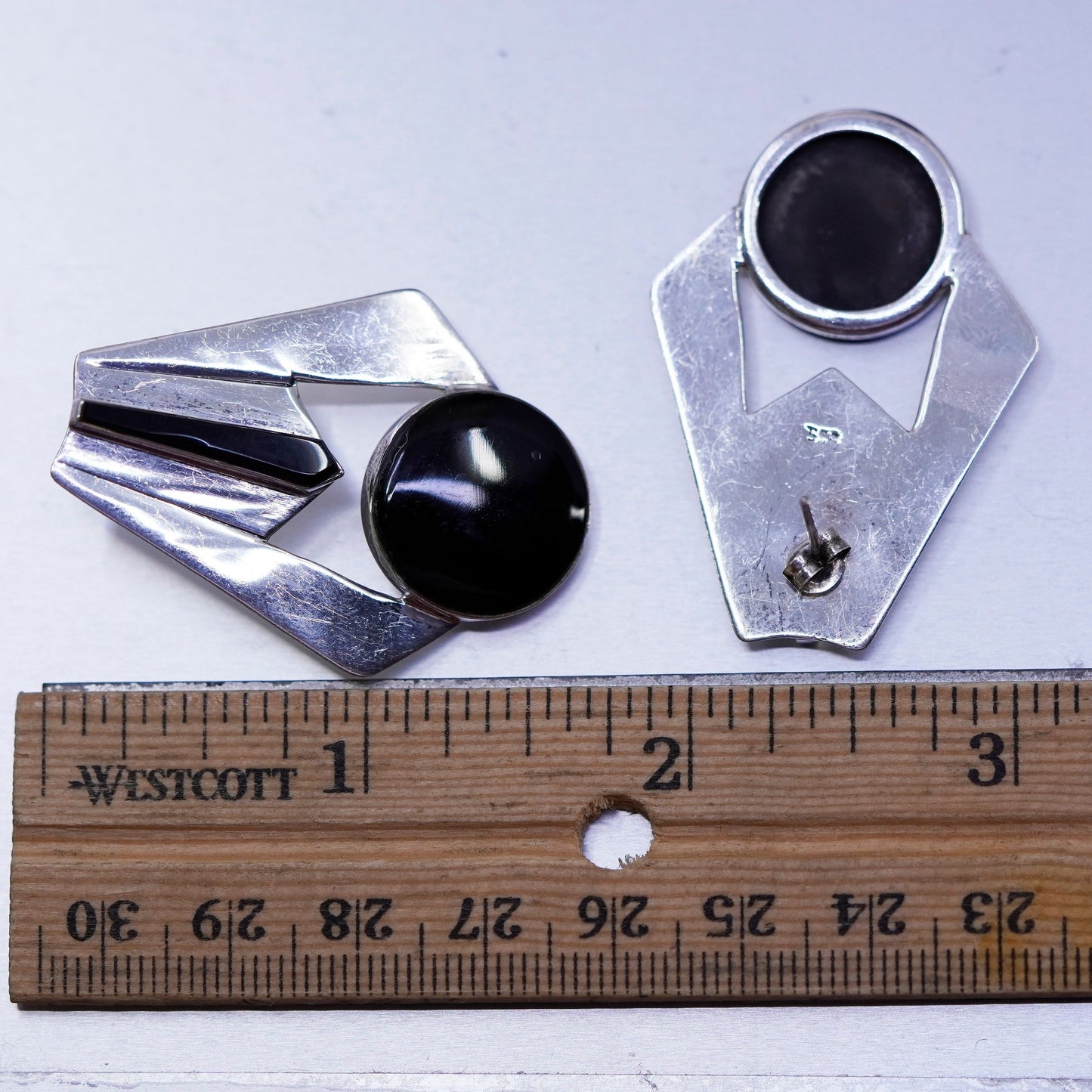 Vintage Mexico Sterling 925 silver handmade earrings, modern obsidian studs