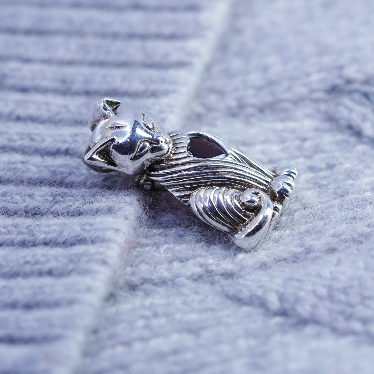 antique sterling 925 silver cat kitty pendant brooch with heart ruby