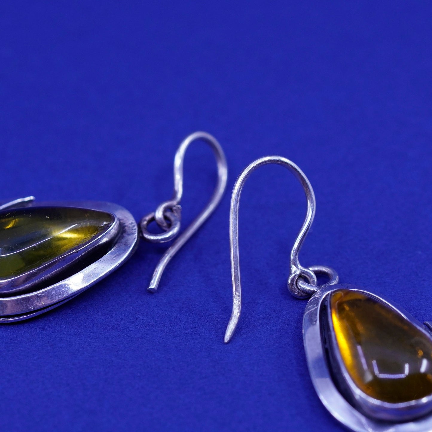 Vintage sterling 925 silver handmade earrings with teardrop amber