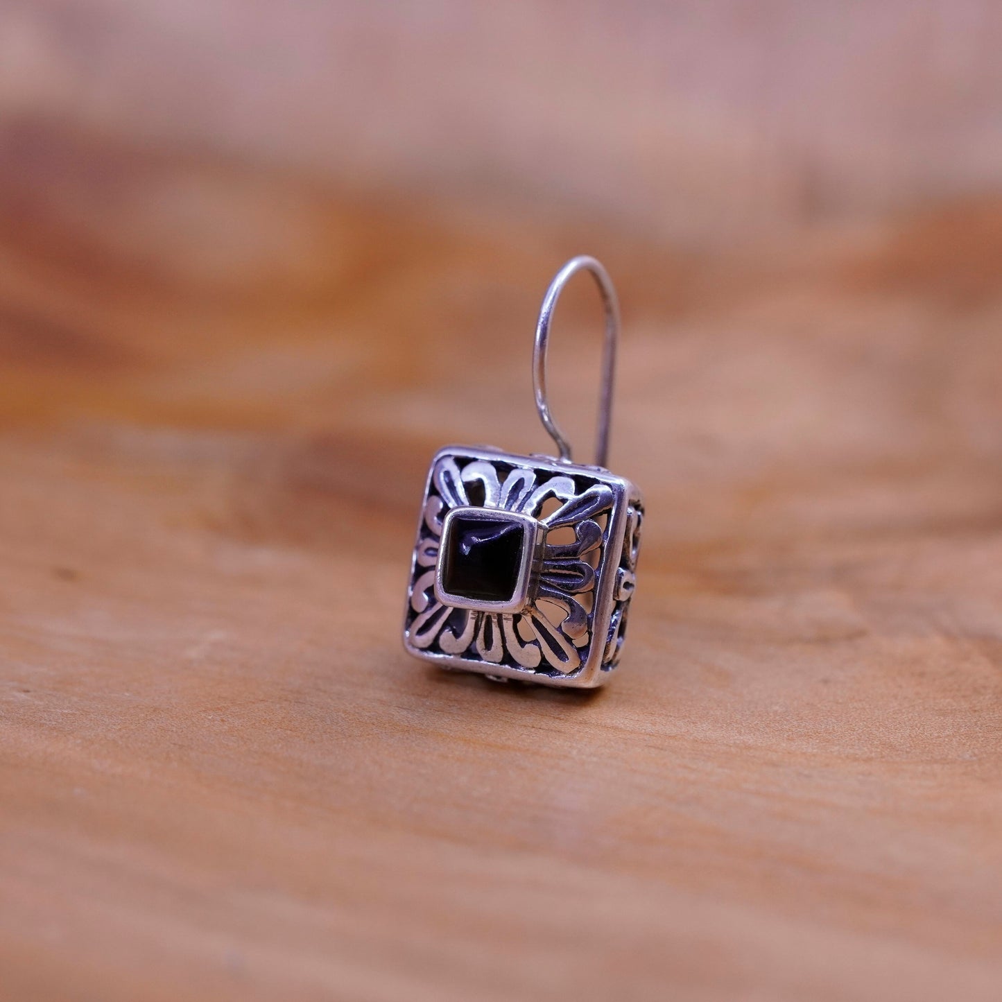 Vintage Sterling 925 silver handmade earrings with square obsidian and beads