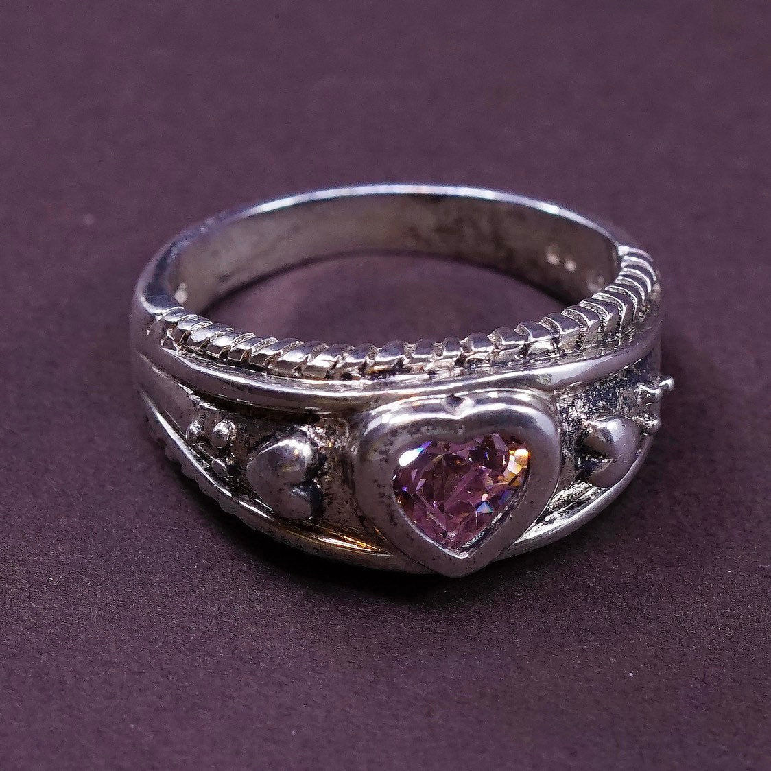 sz 10.25, vtg sterling silver handmade ring, pink crystal heart 925 band