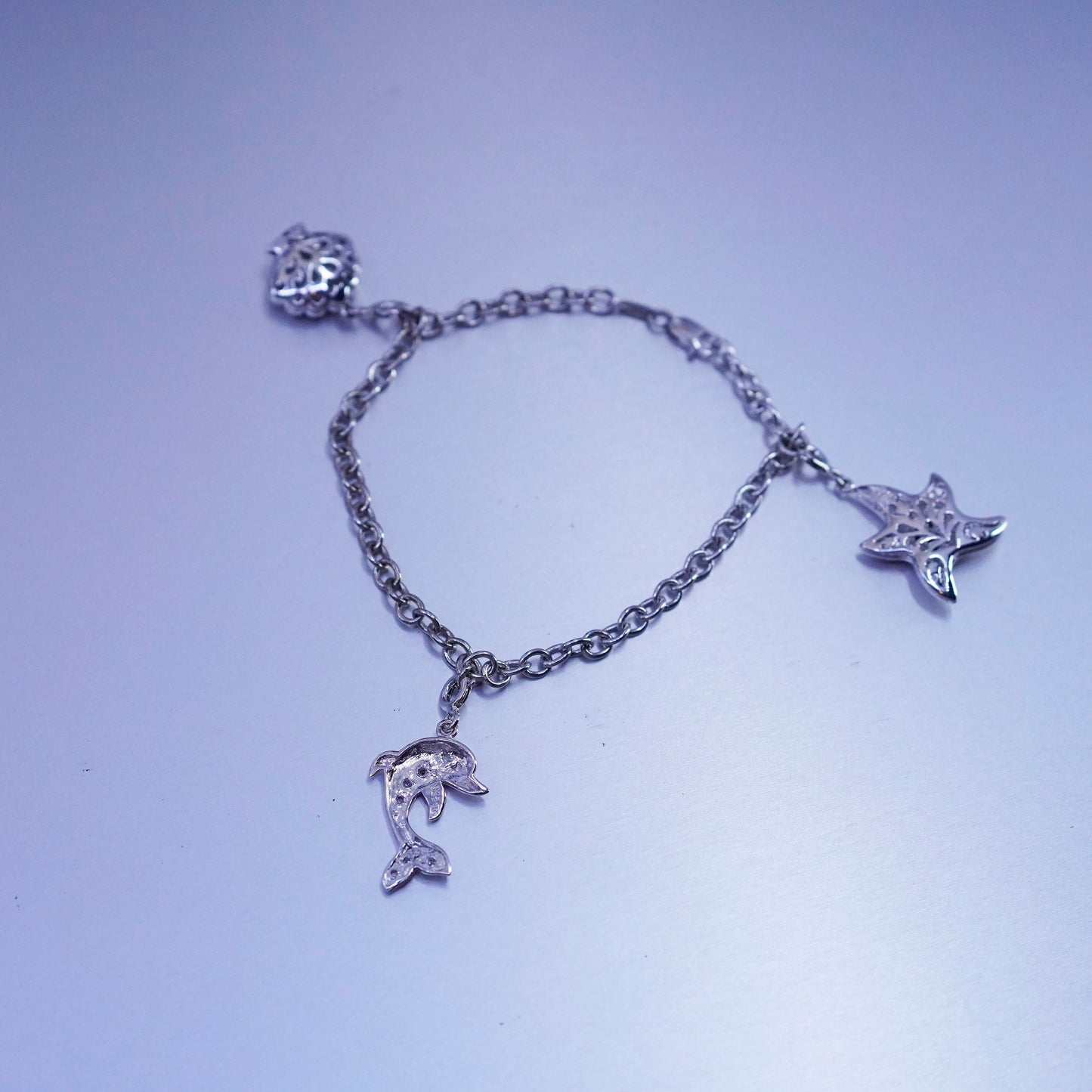 7”, Sterling 925 silver bracelet, circle chain starfish shell dolphin charms