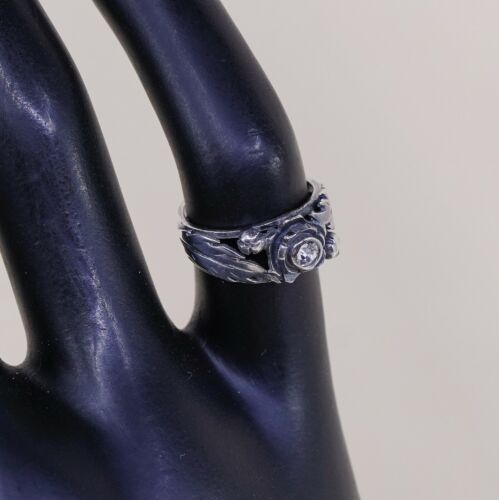Size 2.25, Vintage Sterling 925 Silver Open Ring W/ Cz And Leaf Details