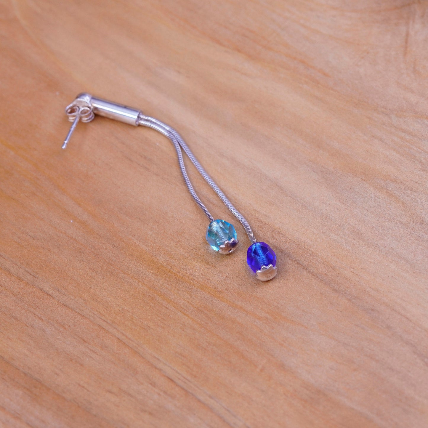 Vintage Sterling 925 silver handmade long earrings with blue Swarovski crystal