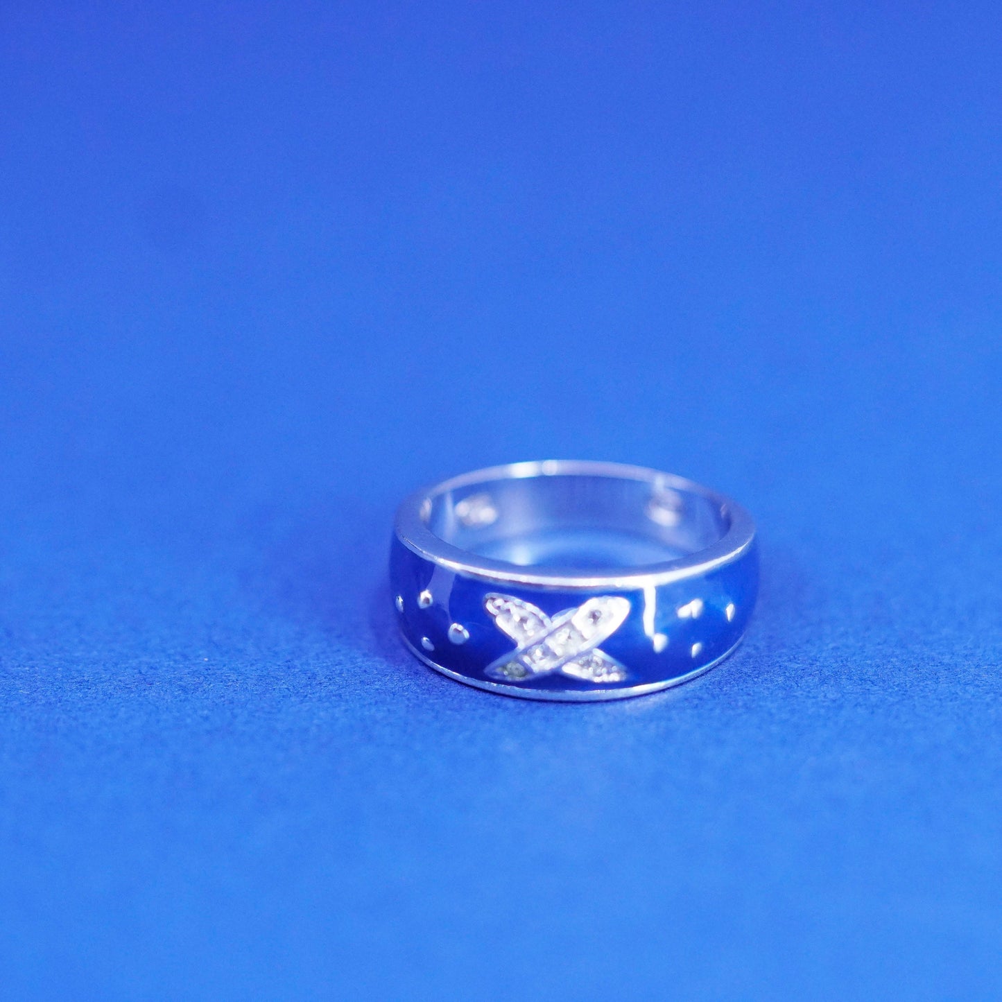 Size 7, vintage Sterling silver handmade ring, 925 blue enamel band W flower Cz