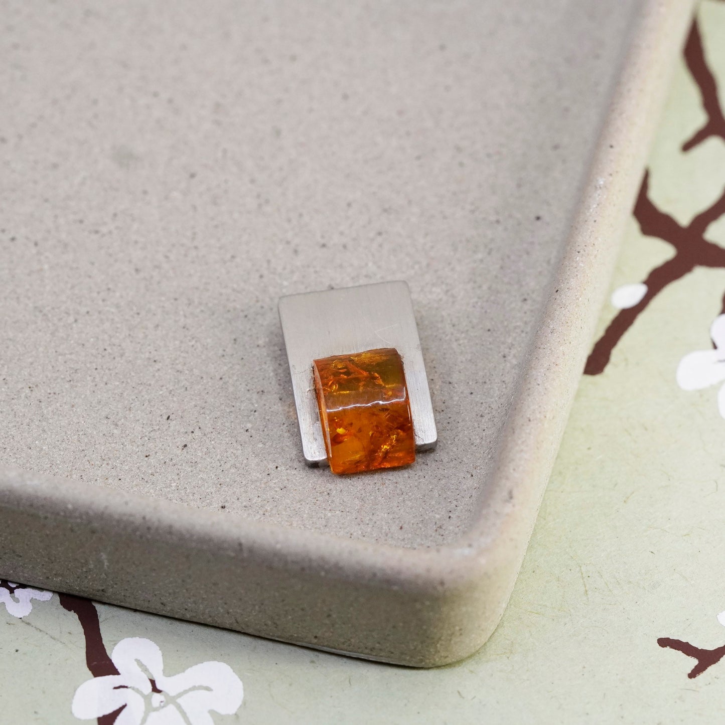 Vintage matte sterling 925 silver handmade modern pendant with amber