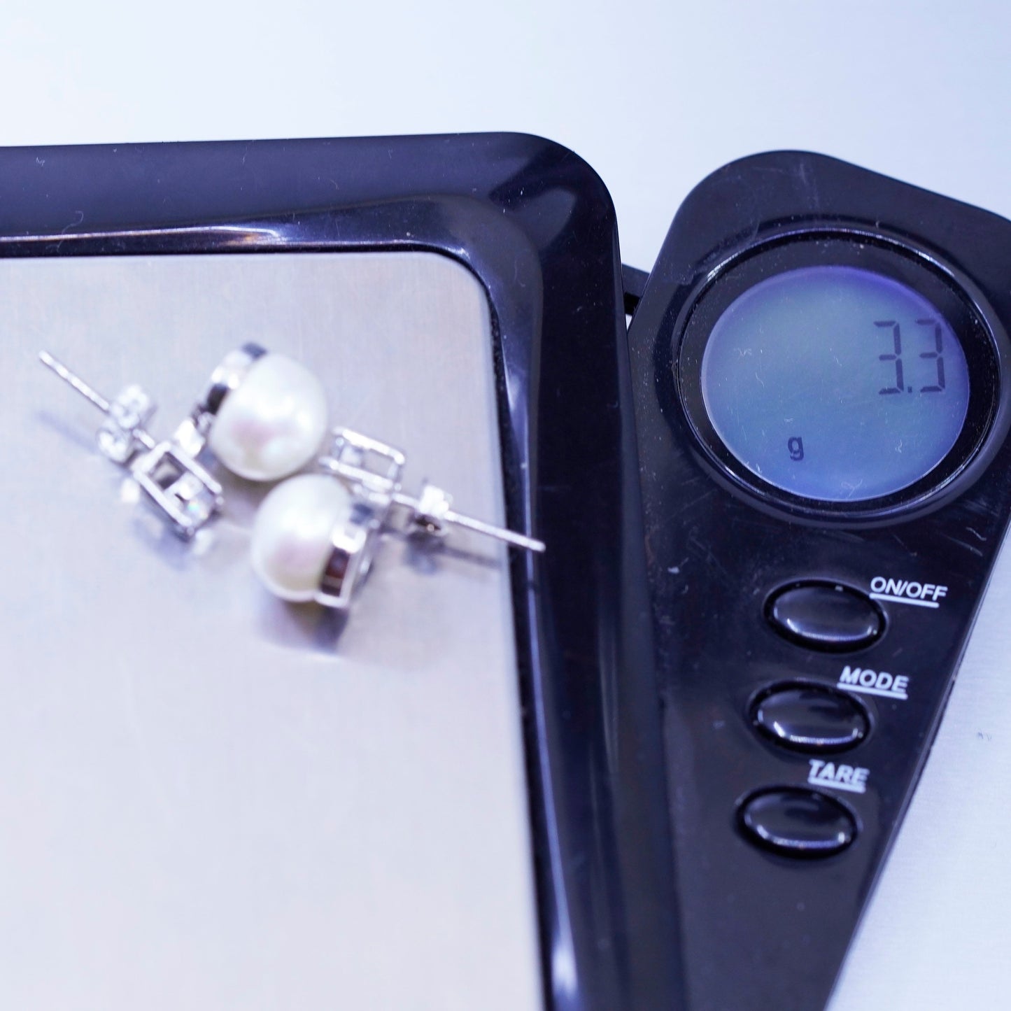 8mm, Vintage Sterling 925 silver handmade earrings, studs with pearl and cz