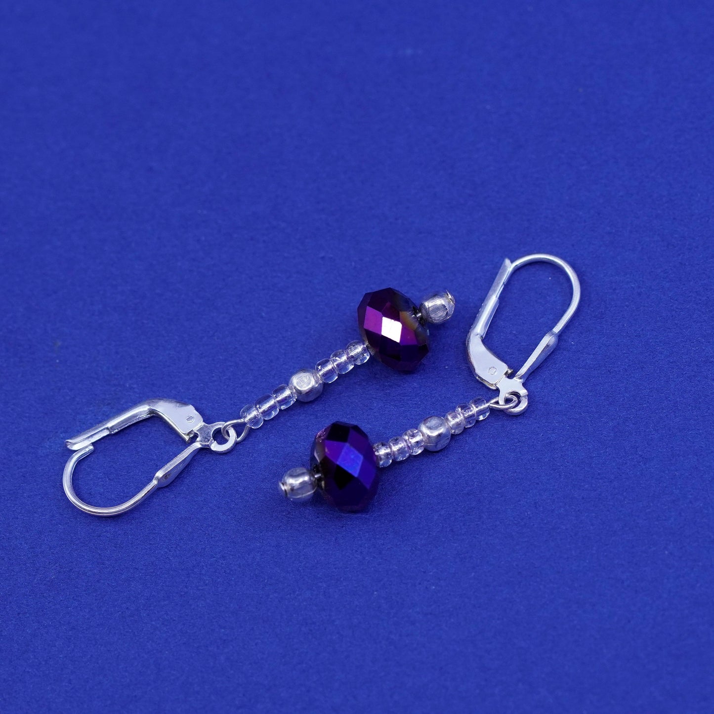 Vintage sterling 925 silver handmade earrings, with purple crystal