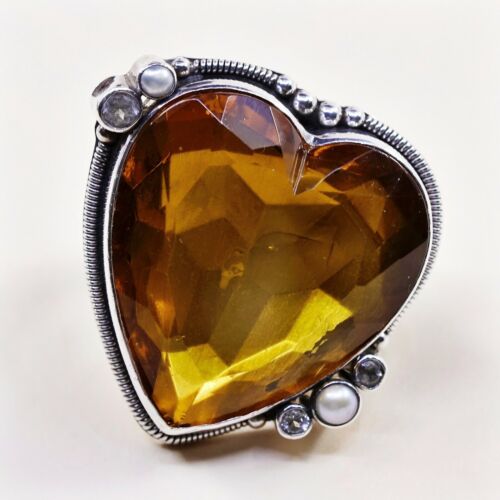 Sz 8, Vtg Massive Cocktail Mars And Valentine Huge Sterling Yellow Crystal Ring