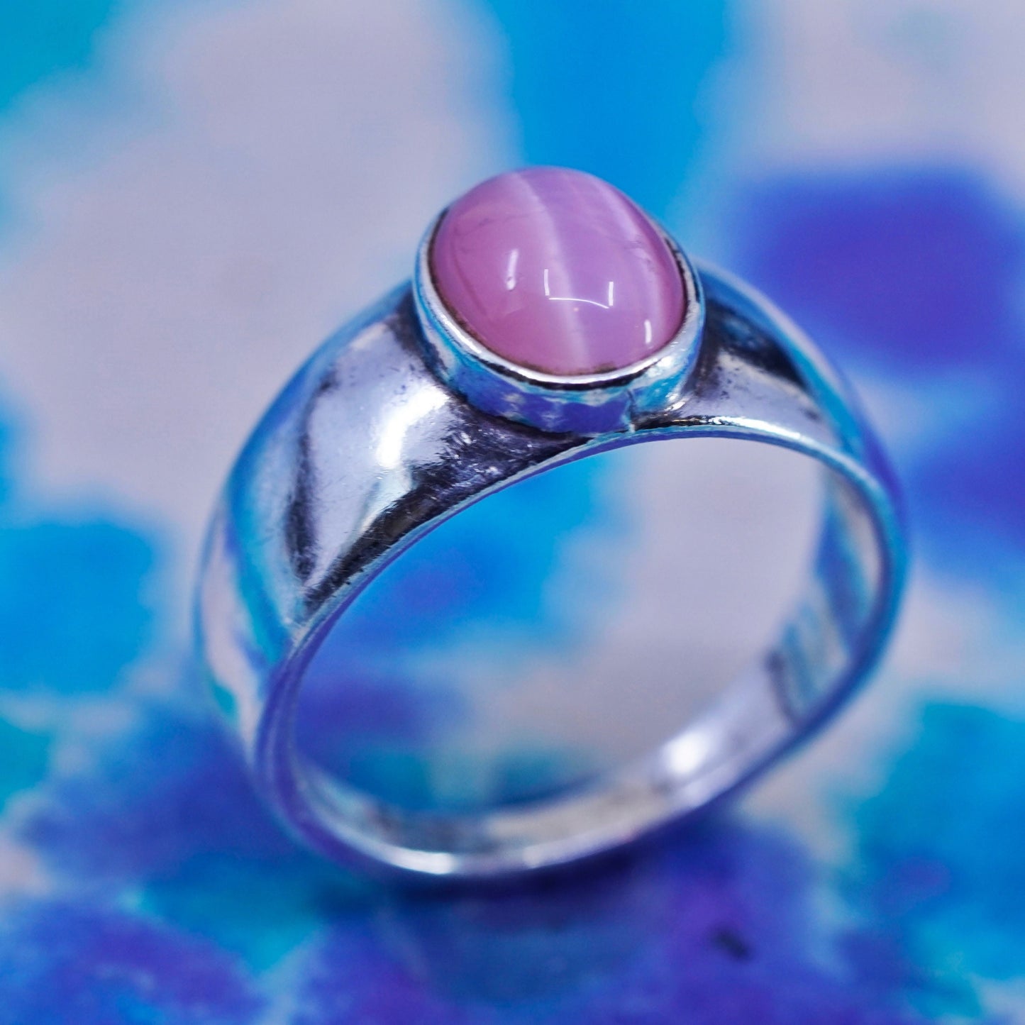 Size 6.5, vintage Sterling silver handmade ring, 925 band with pink cats eye