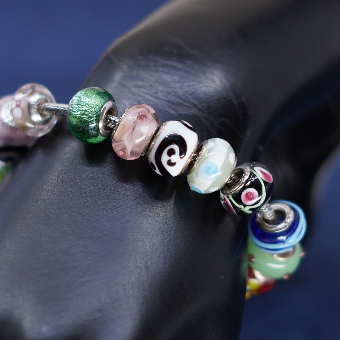 6.75", Silverado sterling 925 silver snake chain bracelet, murano glass beads