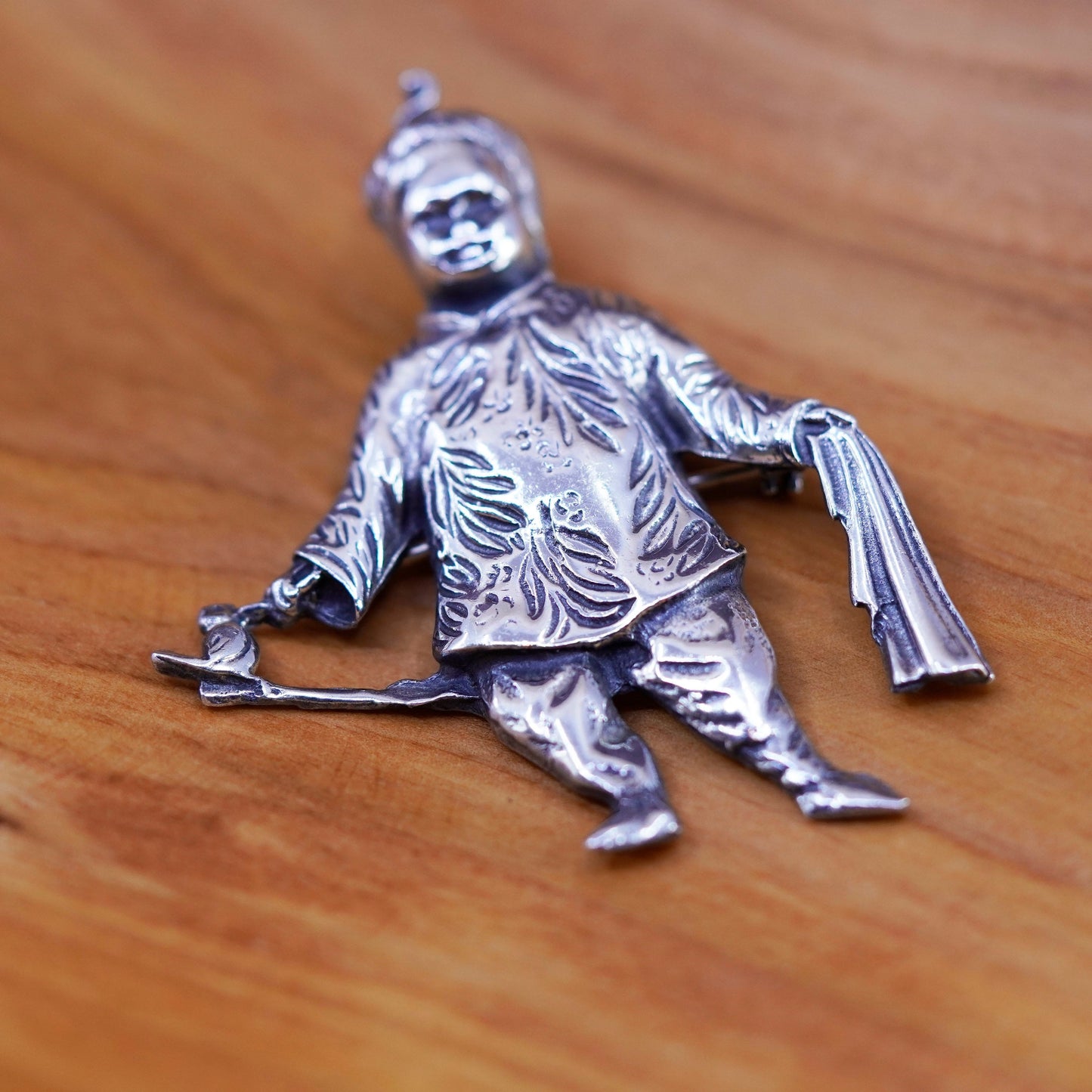Brookraft Sterling Silver Figural Brooch, Chinese Man in Costume Holding Scarf