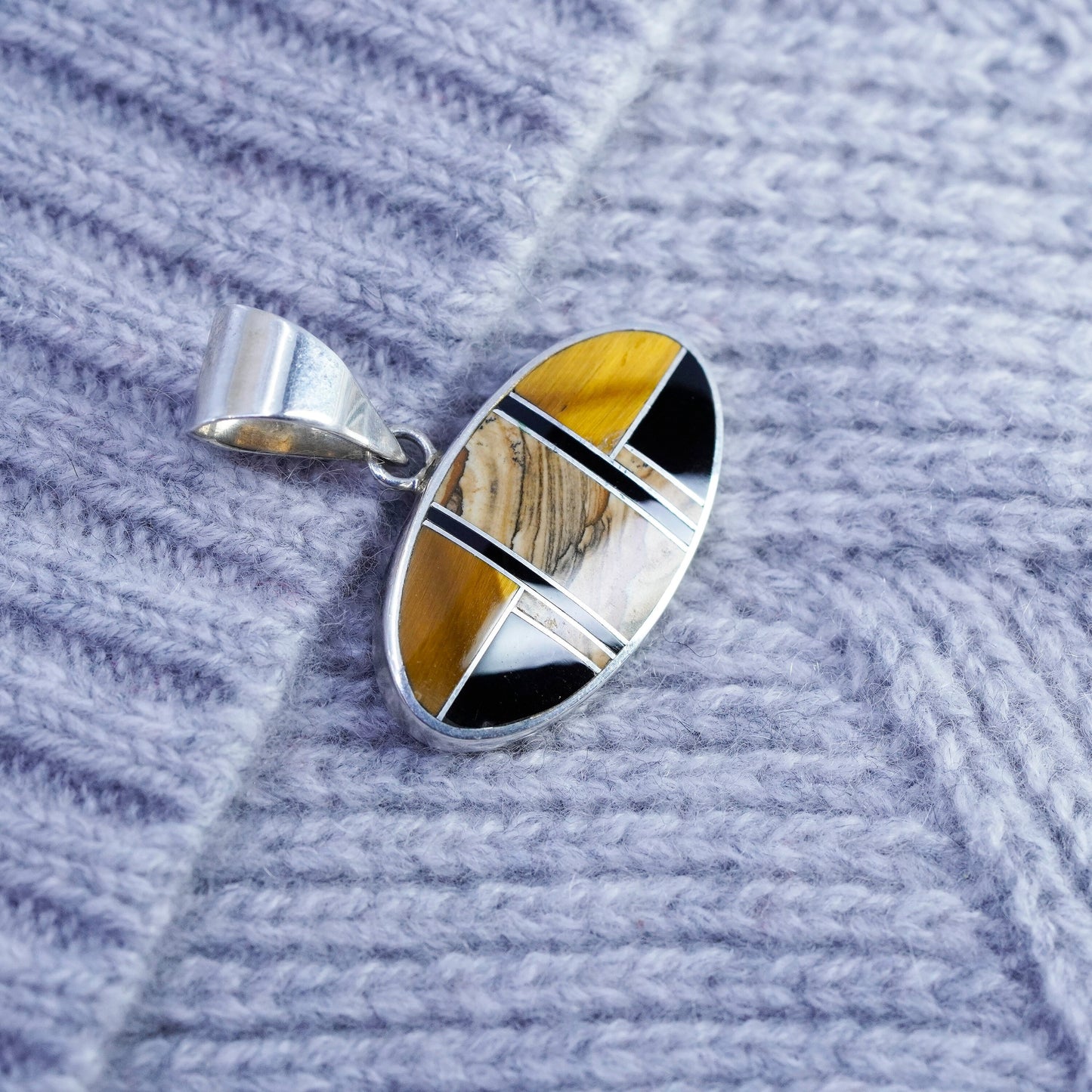 Native American zuni sterling 925 silver pendant golden tigers eye jasper onyx
