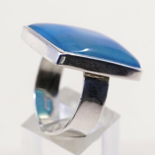Sz 10, Vtg 925 sterling silver handmade Statement ring W/ Dendritic Blue agate