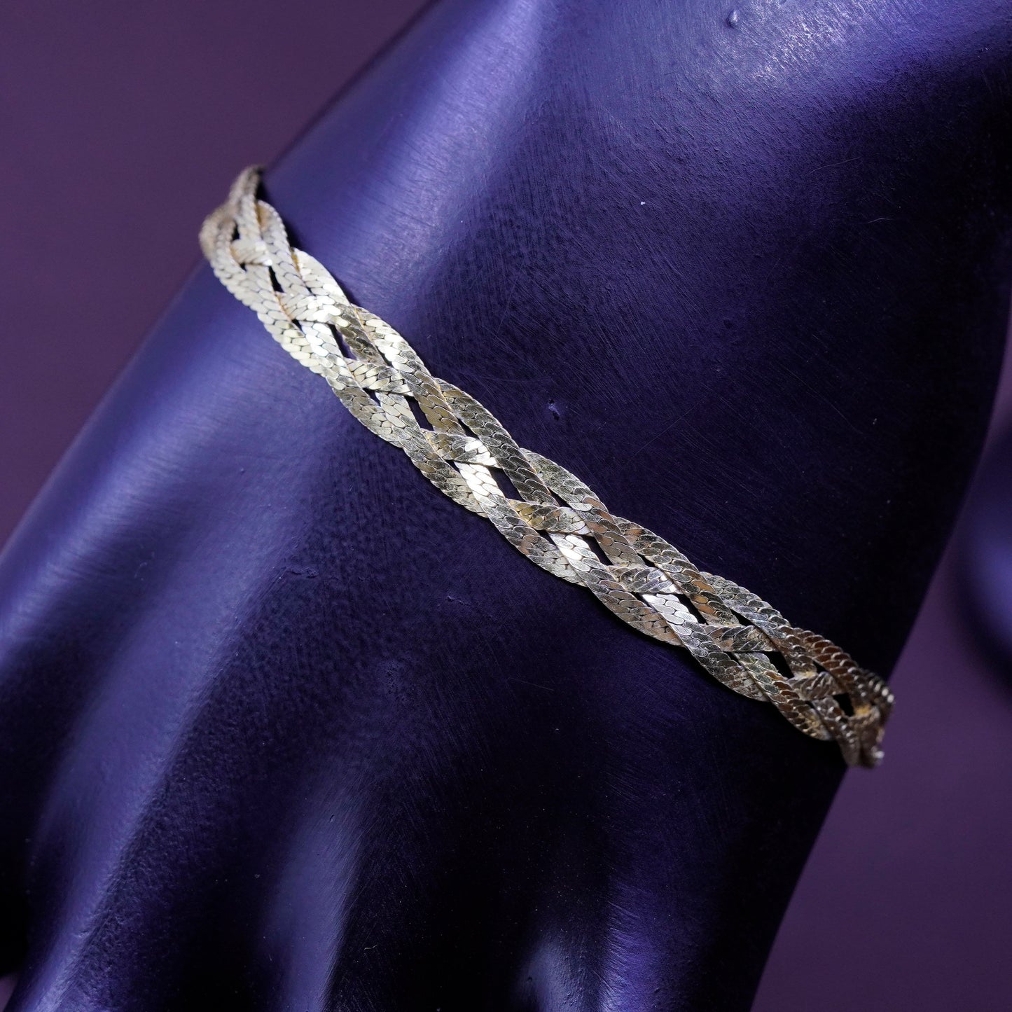 7.25”, vermeil gold over Sterling silver braided woven herringbone bracelet