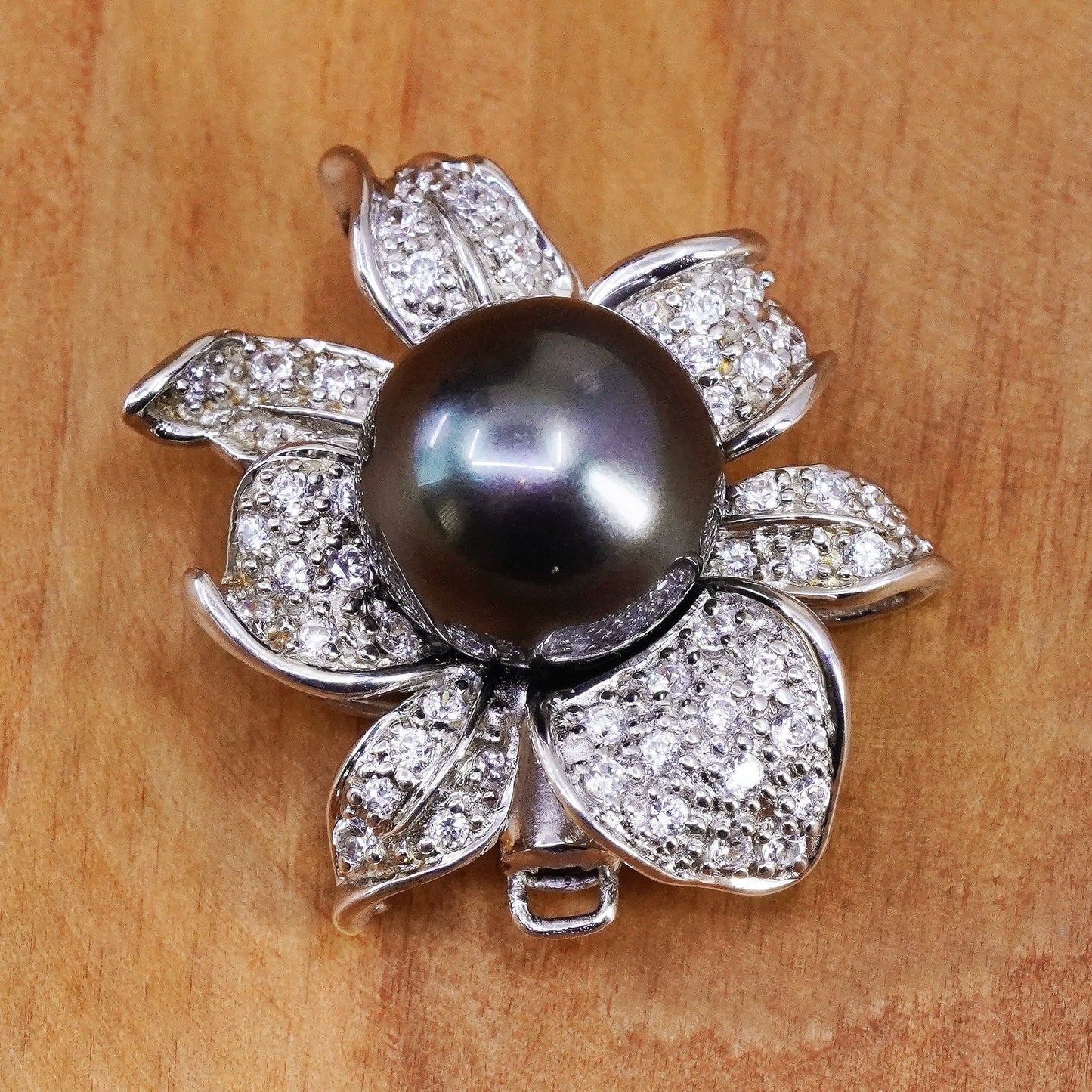 Vintage M&N Sterling silver handmade pendant, 925 flower black pearl cluster cz