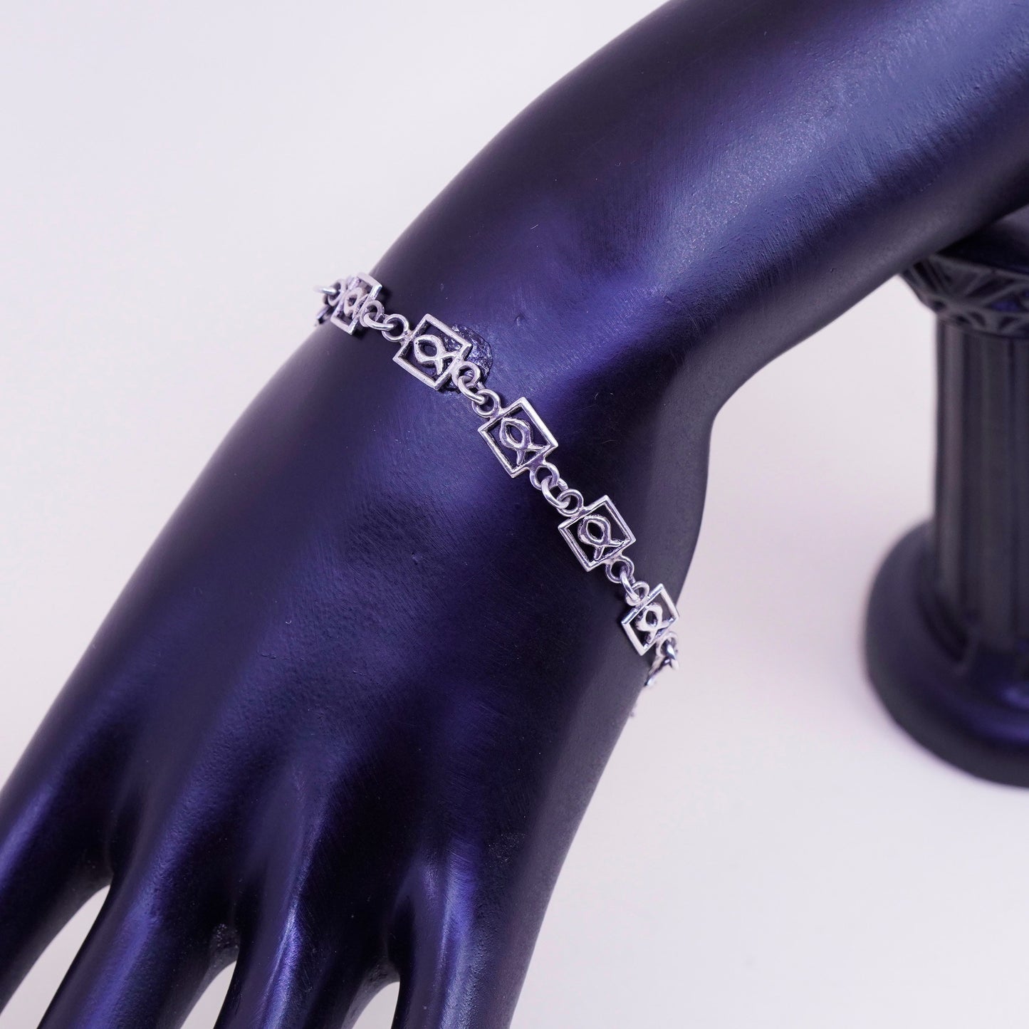 7.5”, Vintage sterling silver handmade bracelet, 925 silver fish link chain