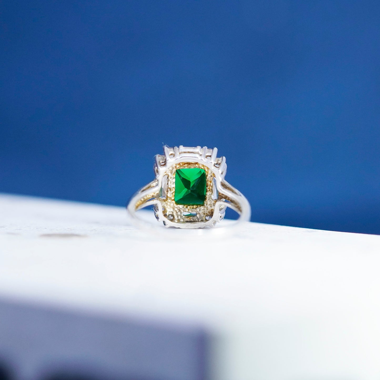 Size 9.25, vintage sterling 925 silver handmade ring with emerald and cz