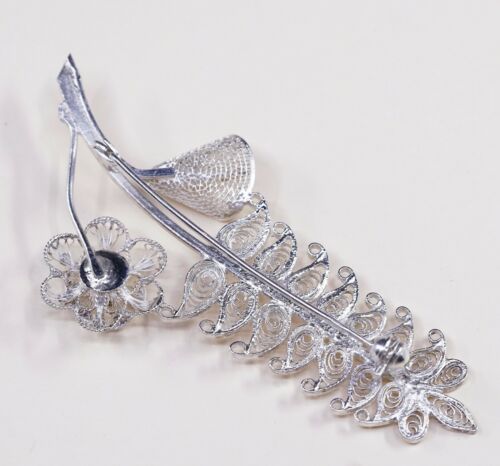 VTG Sterling Silver Handmade Filigree Flower Floral Leaves Leaf Brooch Pin