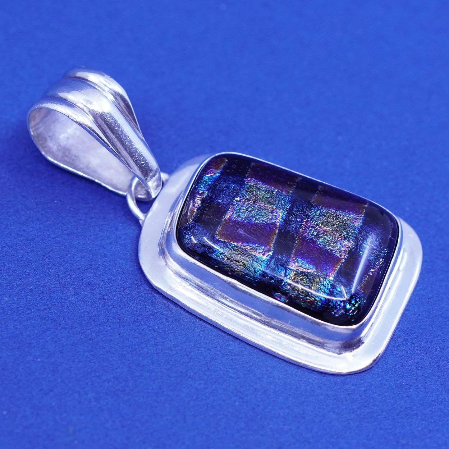 Vintage Mexico sterling 925 silver handmade pendant with blue dichroic glass