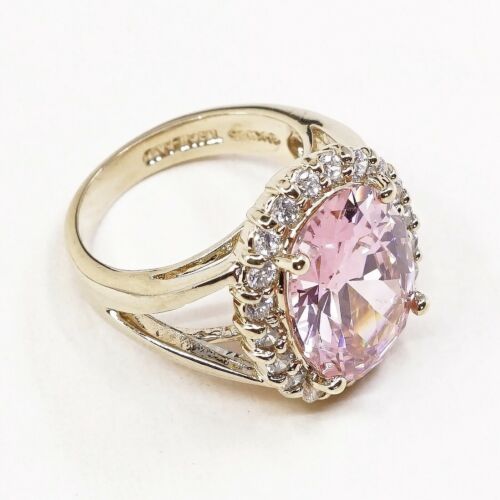 Sz 6.25, Gold Over Sterling Silver Ring, 925 Silver Cocktail Ring W/ pink Cz