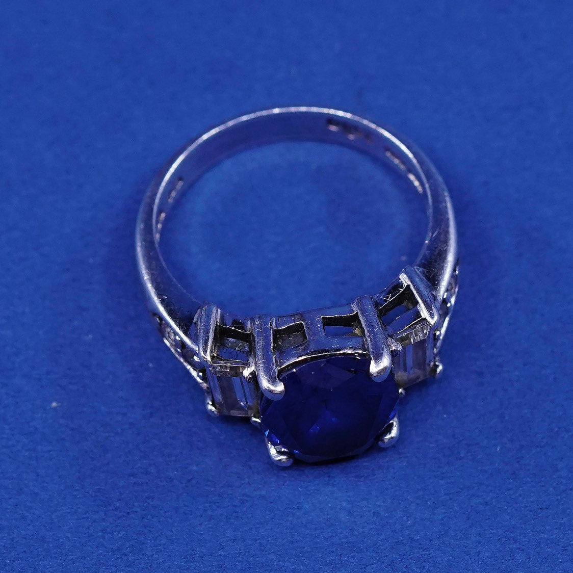 sz 7.25, vtg CSJ Sterling silver handmade ring, 925 w/ sapphire N crystal