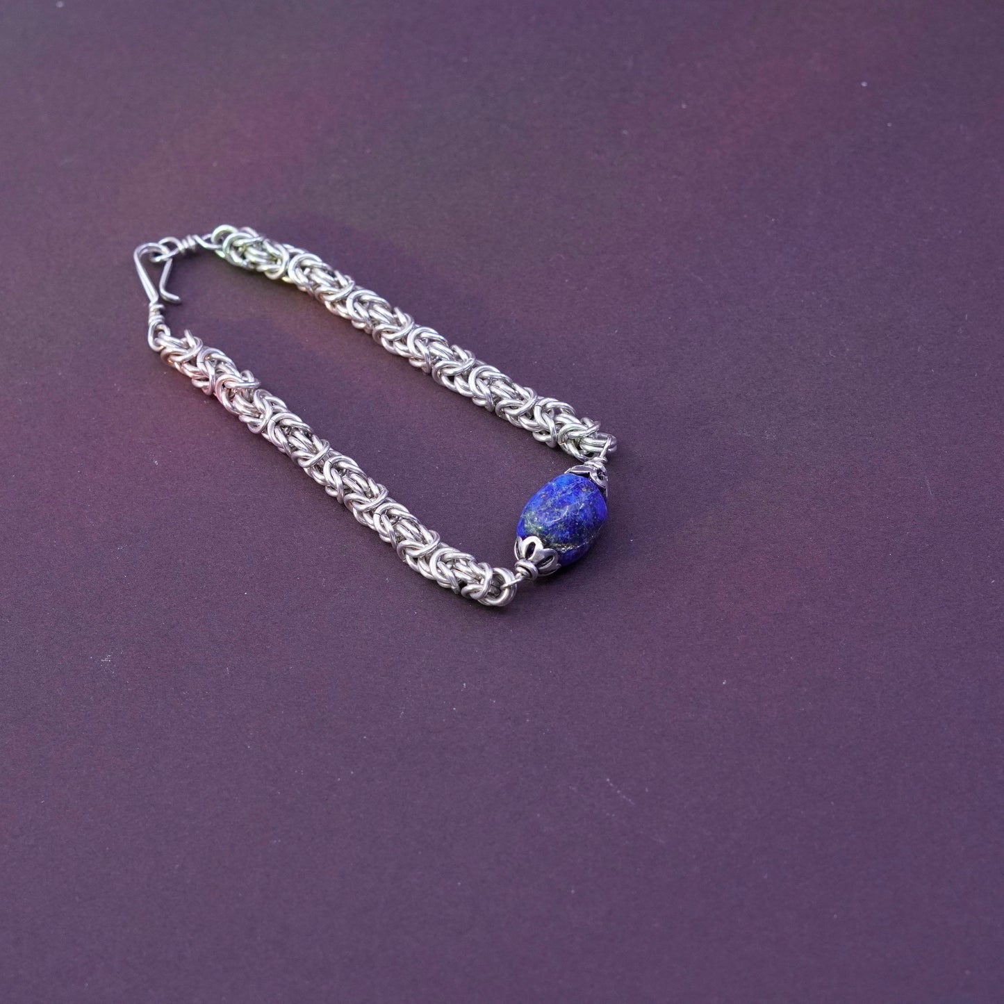 7”, Sterling silver bracelet, Italy 925 Byzantine birdcage chain lapis lazuli