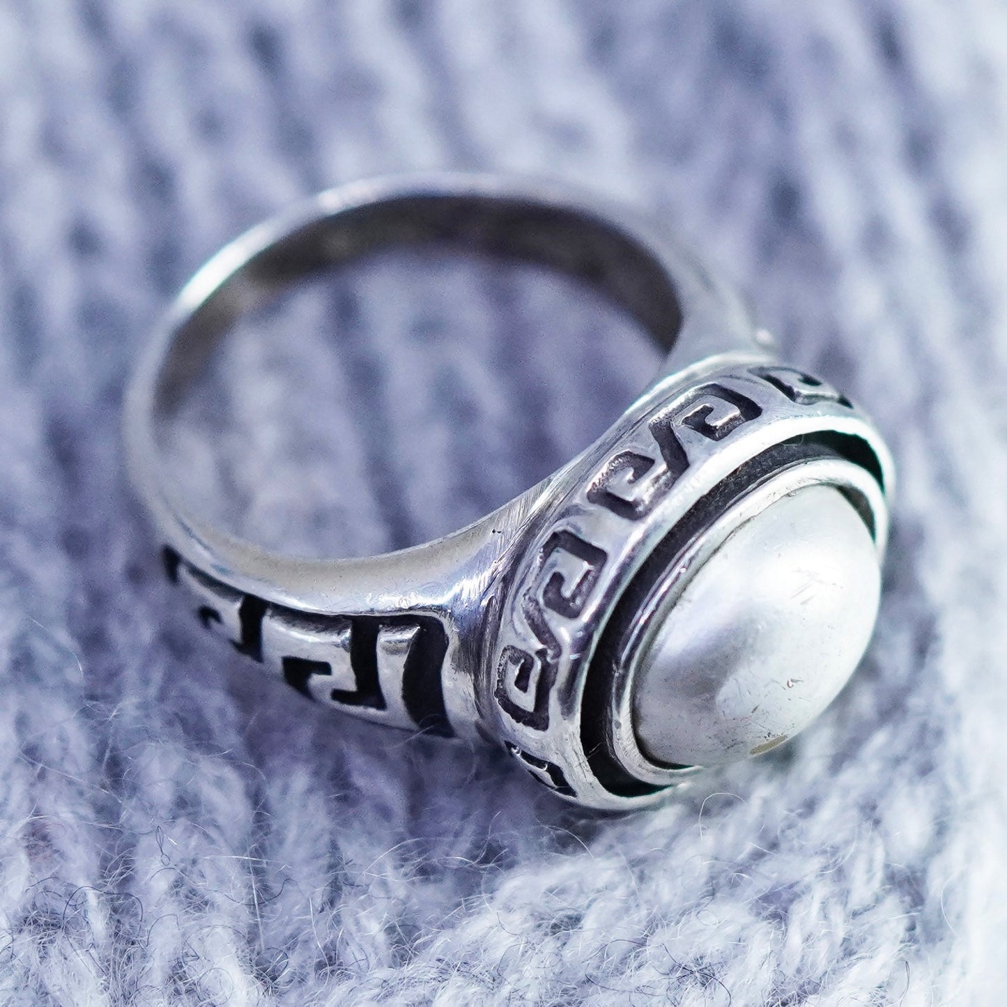 Size 5.5, vintage Sterling 925 silver handmade ring with faux pearl Greek key