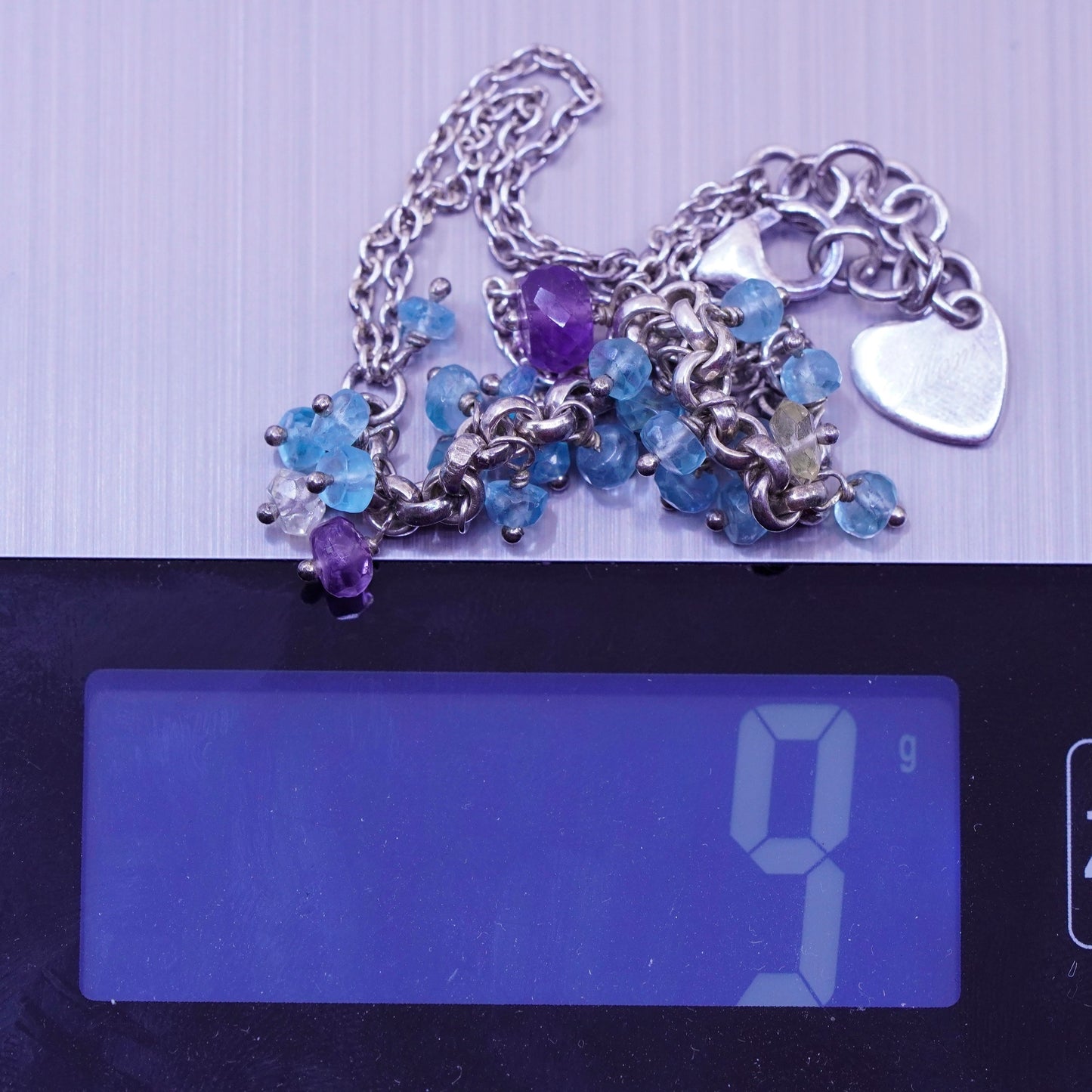 8” Vintage Sterling silver handmade bracelet, natural amethyst and topaz beads