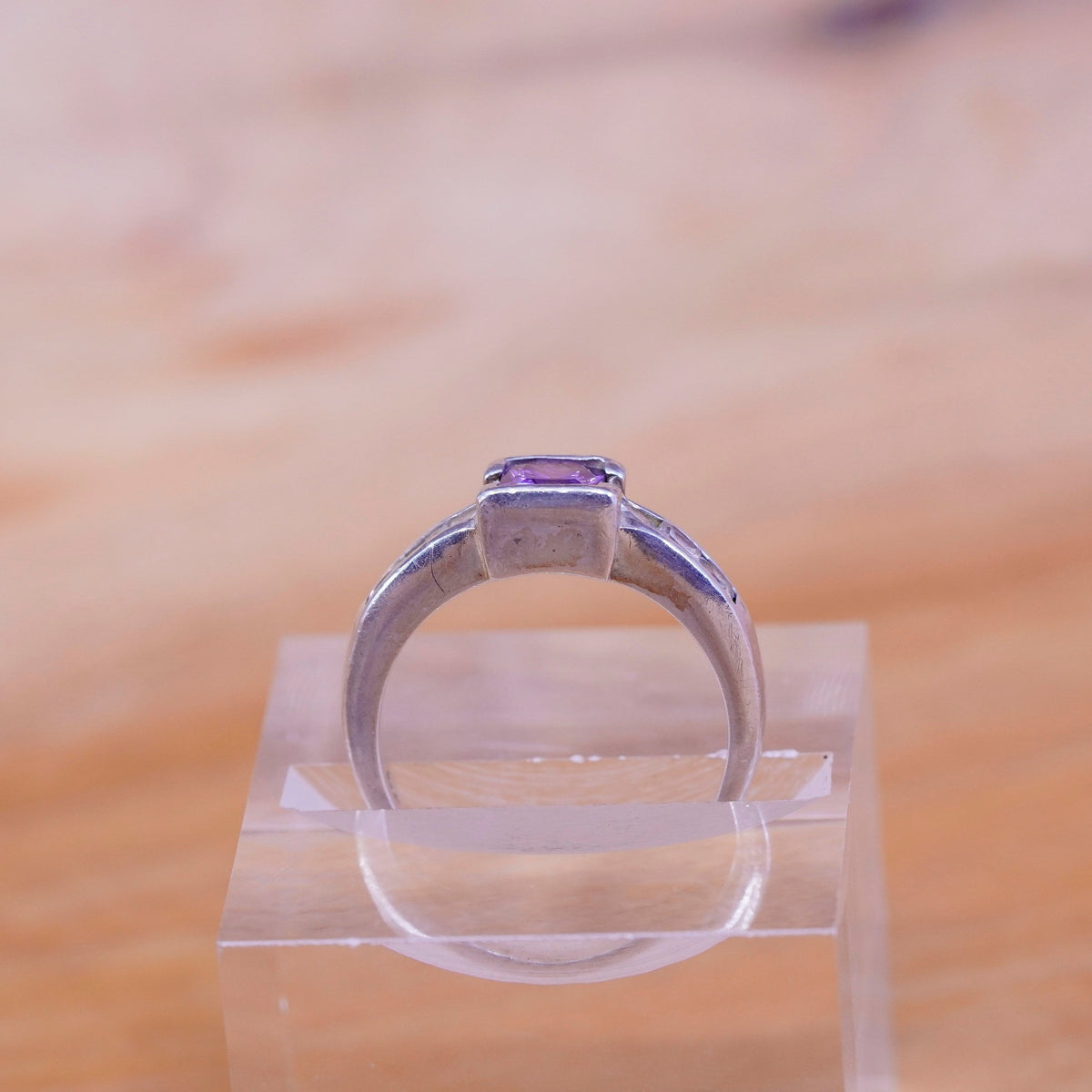 Size 6.75 vintage Sterling 925 silver handmade band ring w/ square amethyst Cz