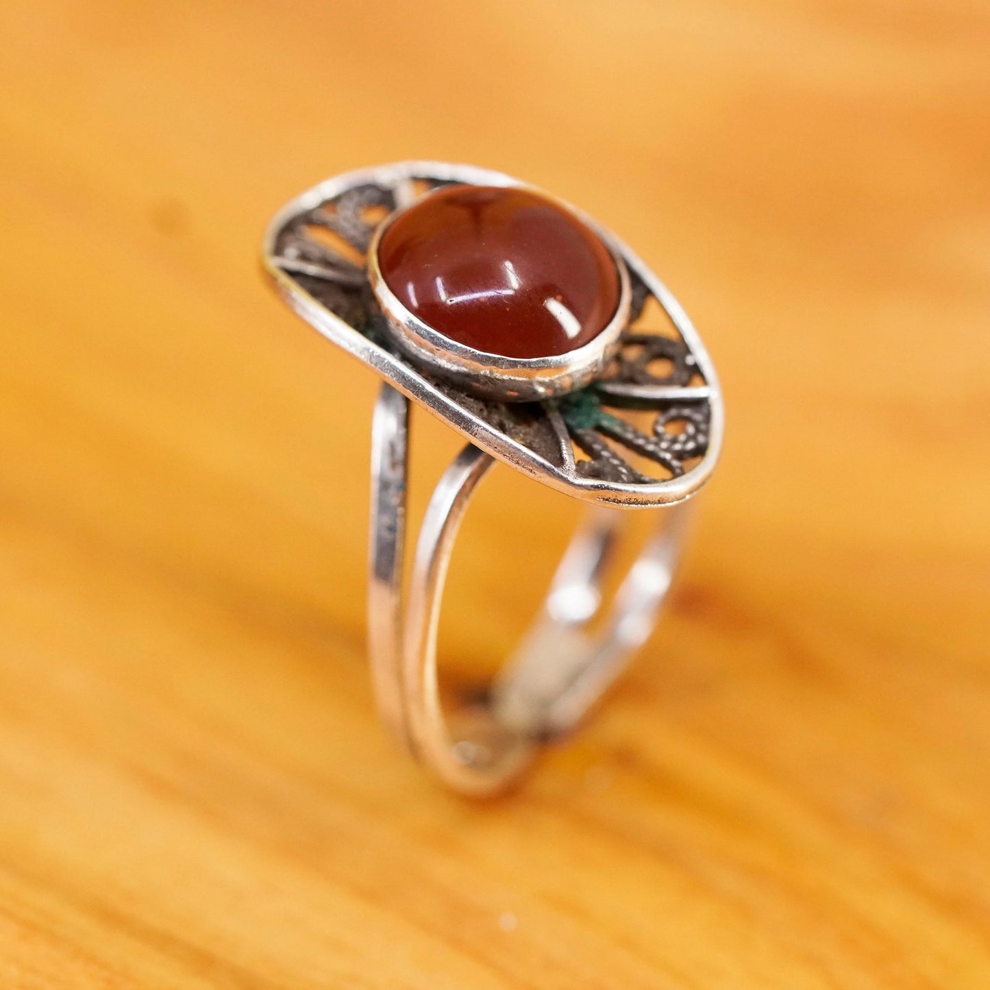 Size adjustable, vintage Sterling silver handmade filigree ring with carnelian