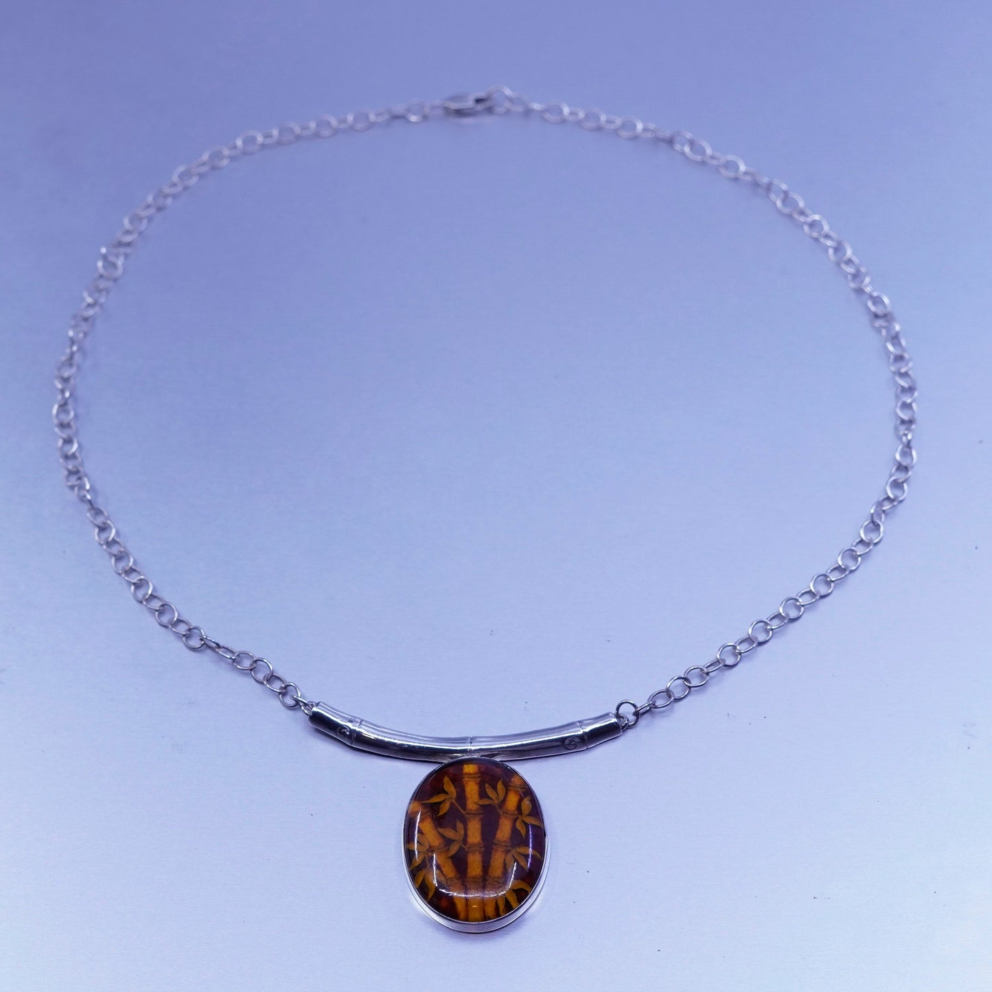 18”, ZIV sterling silver 925 necklace, circle chain carved bamboo amber pendant